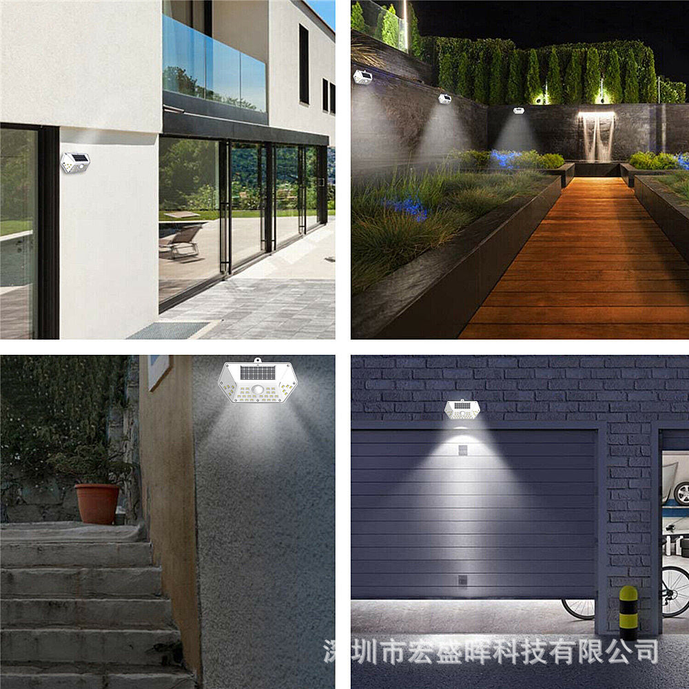 New model specifically designed for outdoor garden lights100LED Solar rechargeable wall light with four-sided illumination and motion sensor