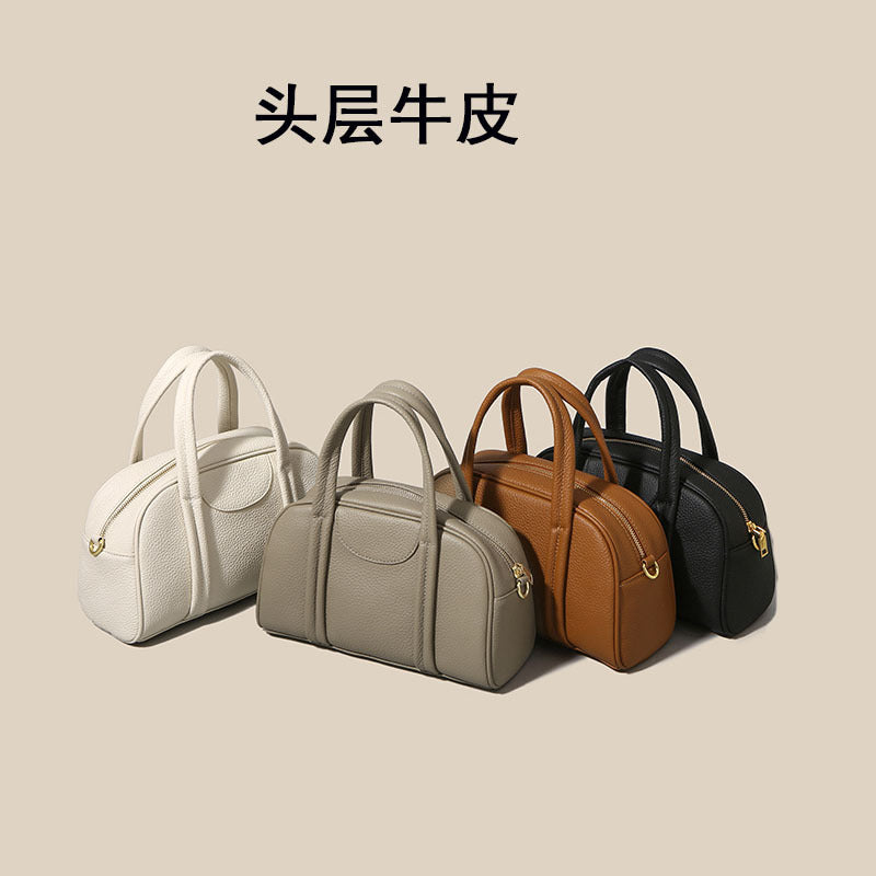 Genuine Leather Women's Boston Handbag2025Autumn Style Top Layer Cowhide Fashion Large Capacity Single Shoulder Crossbody Bag
