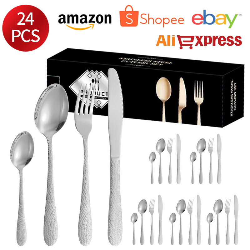 410Stainless Steel Tableware Hotel Restaurant Hammered Knife Fork Spoon24Set of Western Steak Knives and Forks