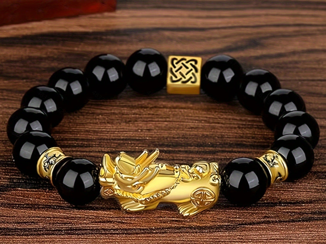 Imitation Obsidian silver Pixiu Bracelet for Women, Wealth-Attracting and Blessing Multi-Gem Bracelet with Six-Word Mantra Buddhist Beads Pixiu Bracelet