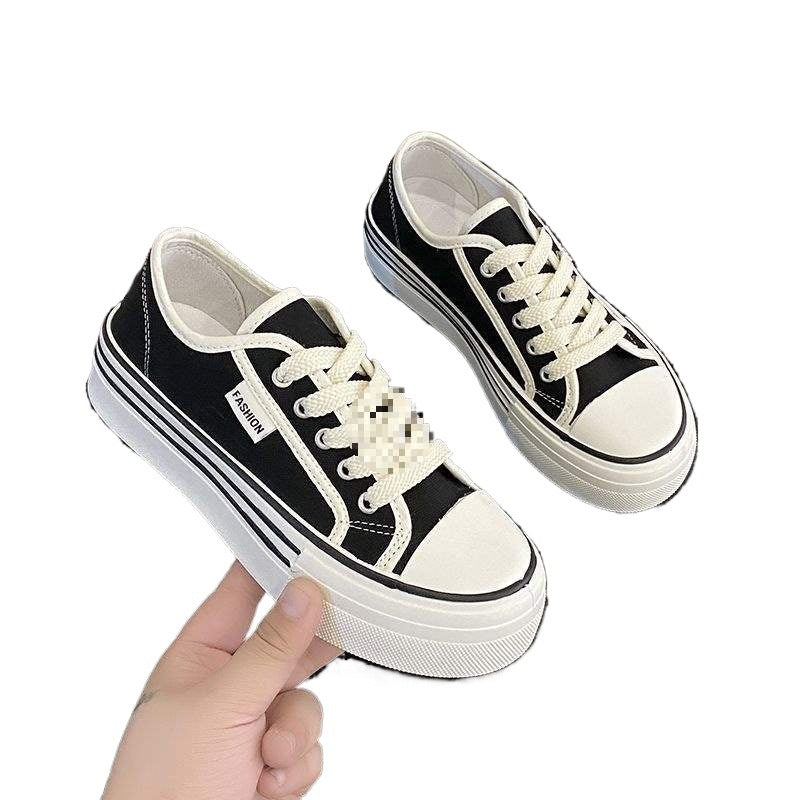 Internet Celebrity Thick-Soled Biscuit Canvas Shoes for Women2025New Spring and Autumn Versatile Breathable Casual White Sneakers