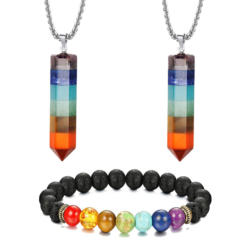 Women's Bracelet Set with Colorful Hexagonal Column, Men's Single Circle Cone Pendant, Natural Crystal Pendant Bracelet Set