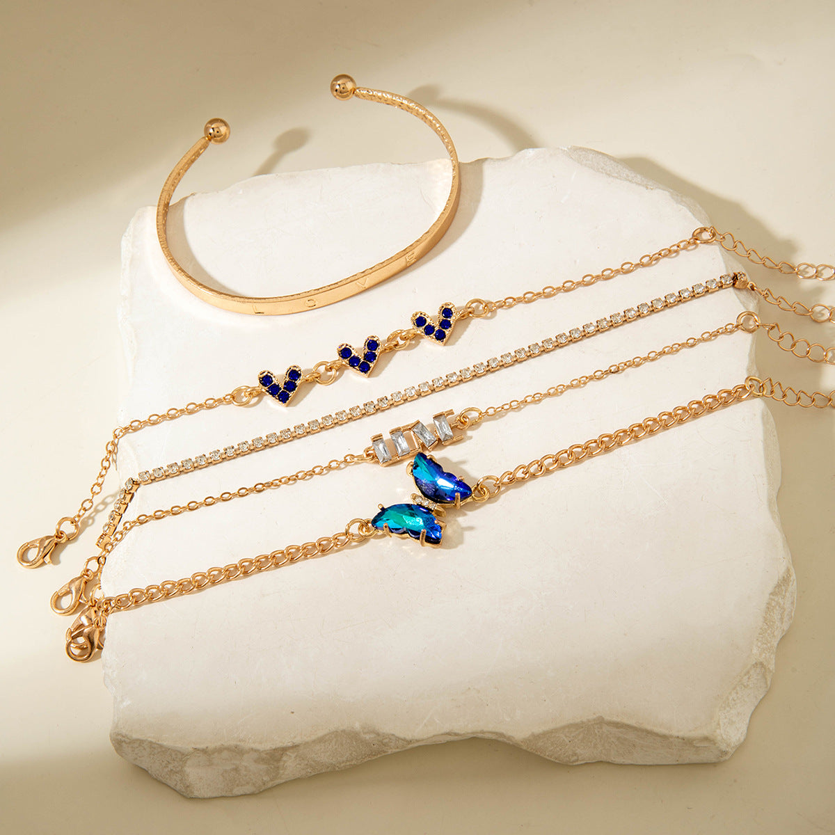 European and American Jewelry High-End Imitation Crystal Butterfly Bracelet Set Fashion Inlaid Diamond Heart Bracelet Wholesale
