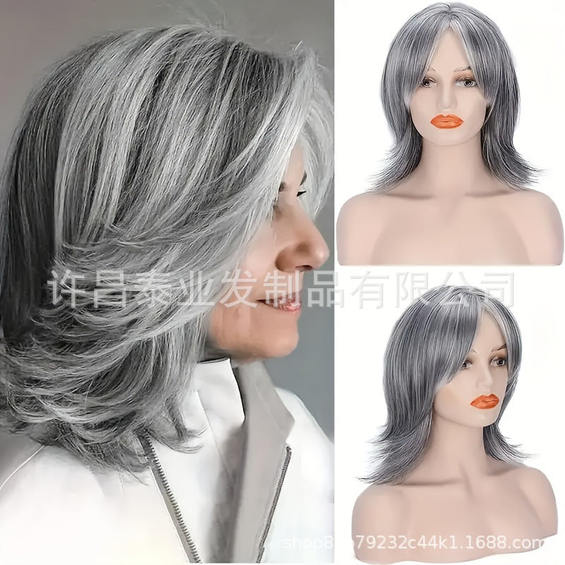 European and American Foreign Trade Cross-Border Wig for Women, Middle Part, Eight-Character Bangs, Middle-Aged and Elderly Fashion Short Straight Hair Full Wig, Factory Direct Sale