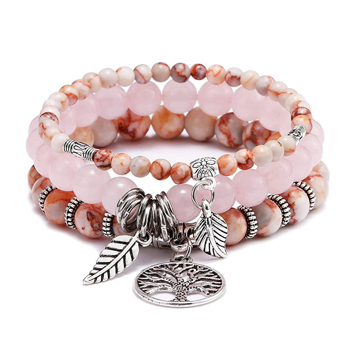 Three-layer Protection Shoushan Stone Bracelet Set Bohemian Leaf Tree of Life Pendant Indian Agate Women's Bracelet
