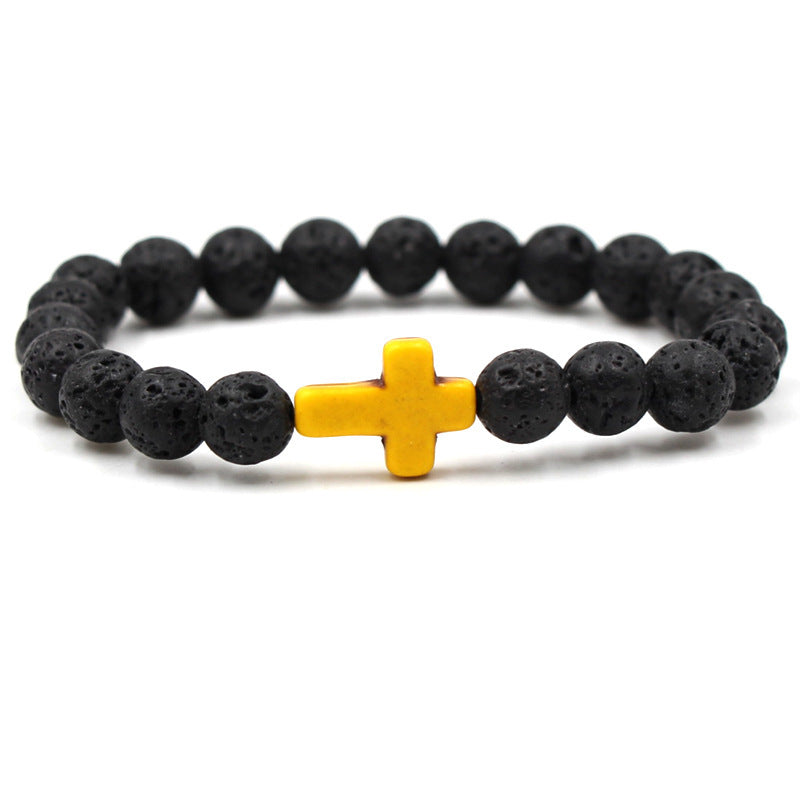 Easter Cross Bracelet Men's Personalized Gift Turquoise Bracelet8mm Beaded Volcanic Stone Cross Bracelet