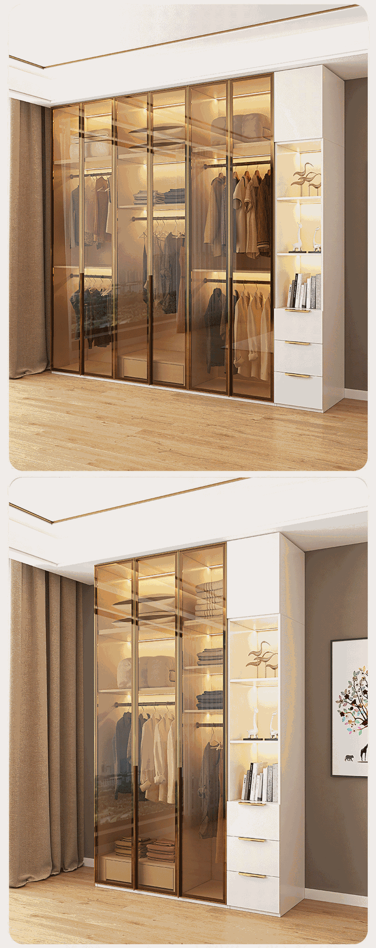 Glass Door Wardrobe with Lights, Solid Wood, Home Bedroom, Modern Simple European Pine Board, Cream Color, Skin Feel Storage, Large Wardrobe