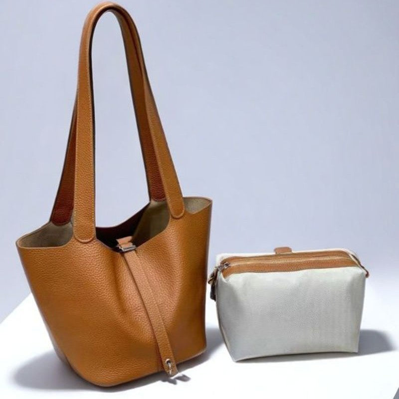 2025New Basket Bag for Women, High-End Niche Design, Large Capacity Bucket Bag, Top Layer Cowhide Handbag