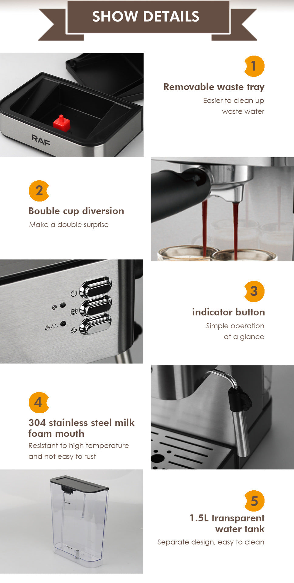 RAF Coffee Machine Household EU Plug Small Italian Semi-automatic Steam Milk Frother Integrated Coffee Pot