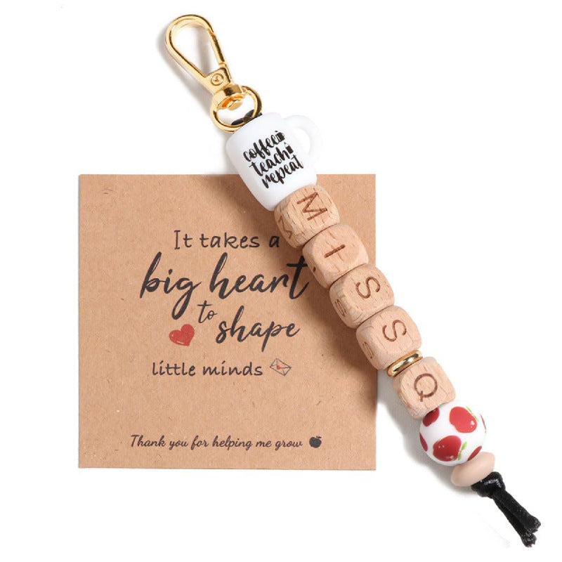 Teacher Appreciation Water Bottle Pendant Thank You Teacher Apple Ornament MISS Letter Square Wooden Bead Keychain Jewelry Accessories