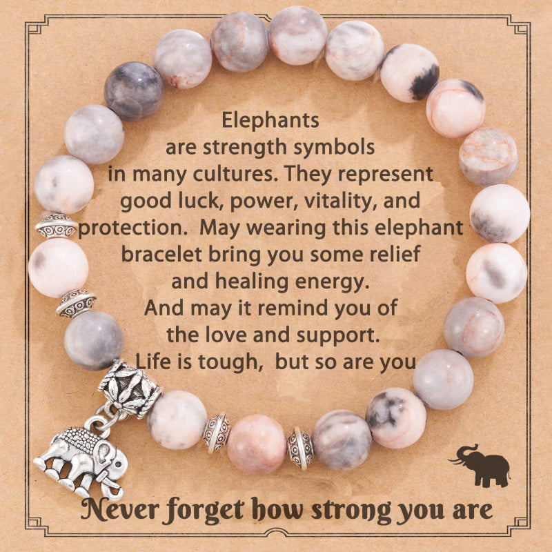 Women's Pink Zebra Stretch Bracelet Natural Stone8mm African Pine Agate Stone Elephant Pendant Bracelet
