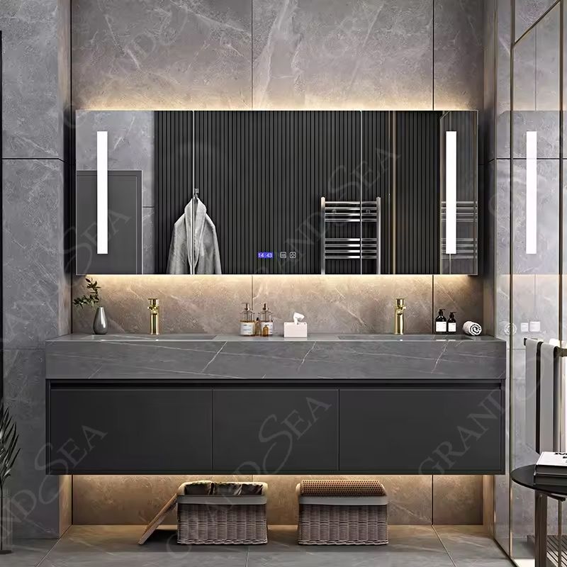 European Style Hot Selling Washroom Floating Slate Countertop Double Basin Bathroom Vanity
