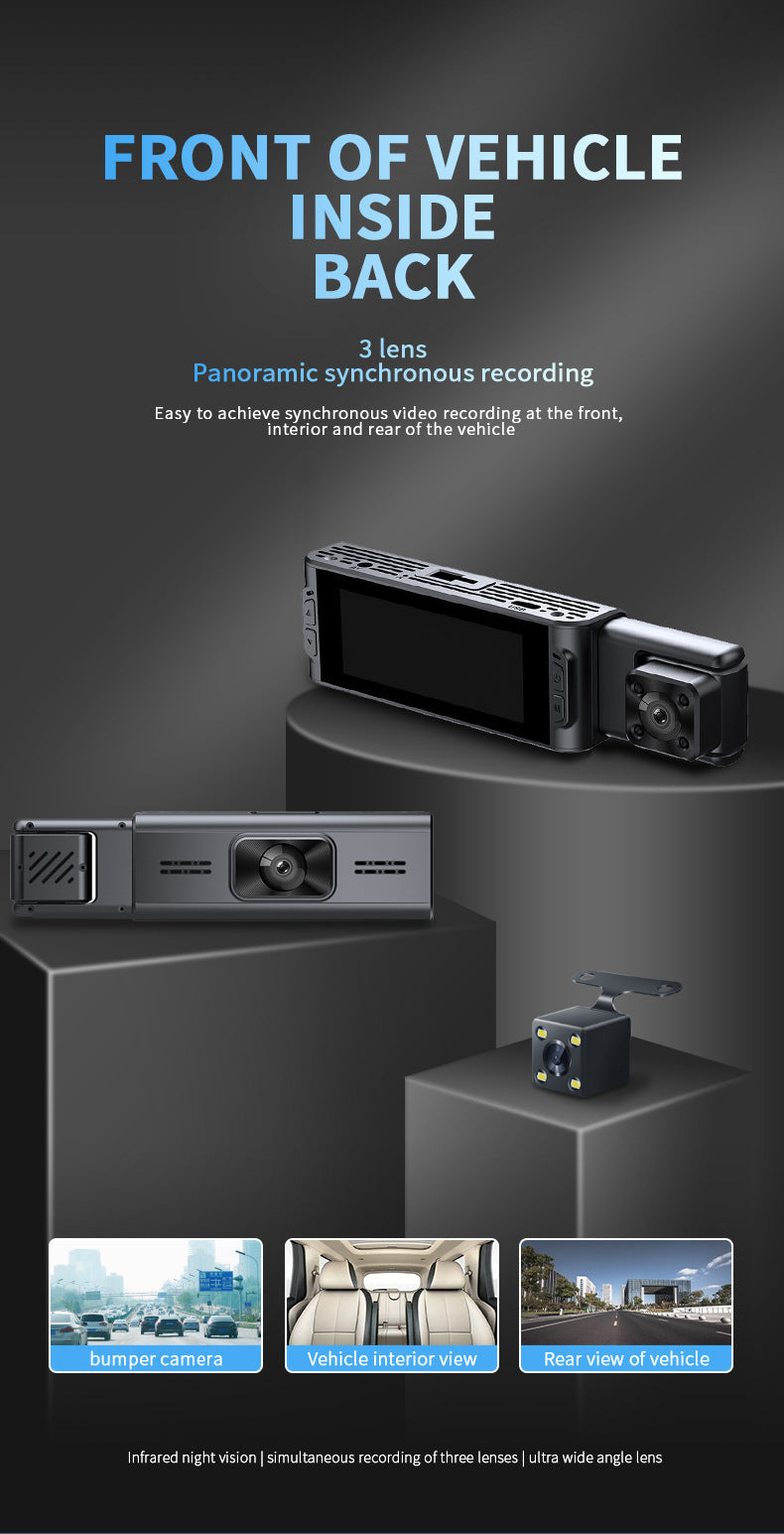 S181080P Three-lens driving recorder with high-definition ultra-wide-angle night vision WiFi Vehicle Front Dash Cam