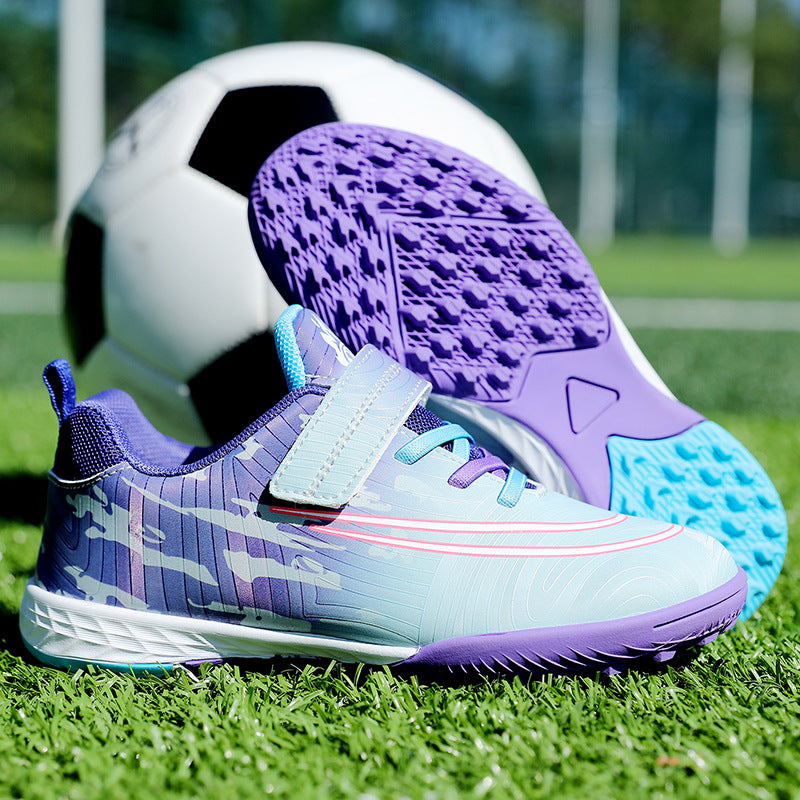 New Football Shoes for Men, Women, and Children, Imitation Leather Low-Top Anti-Collision Spike Magic Tape Grass Training Sports Shoes