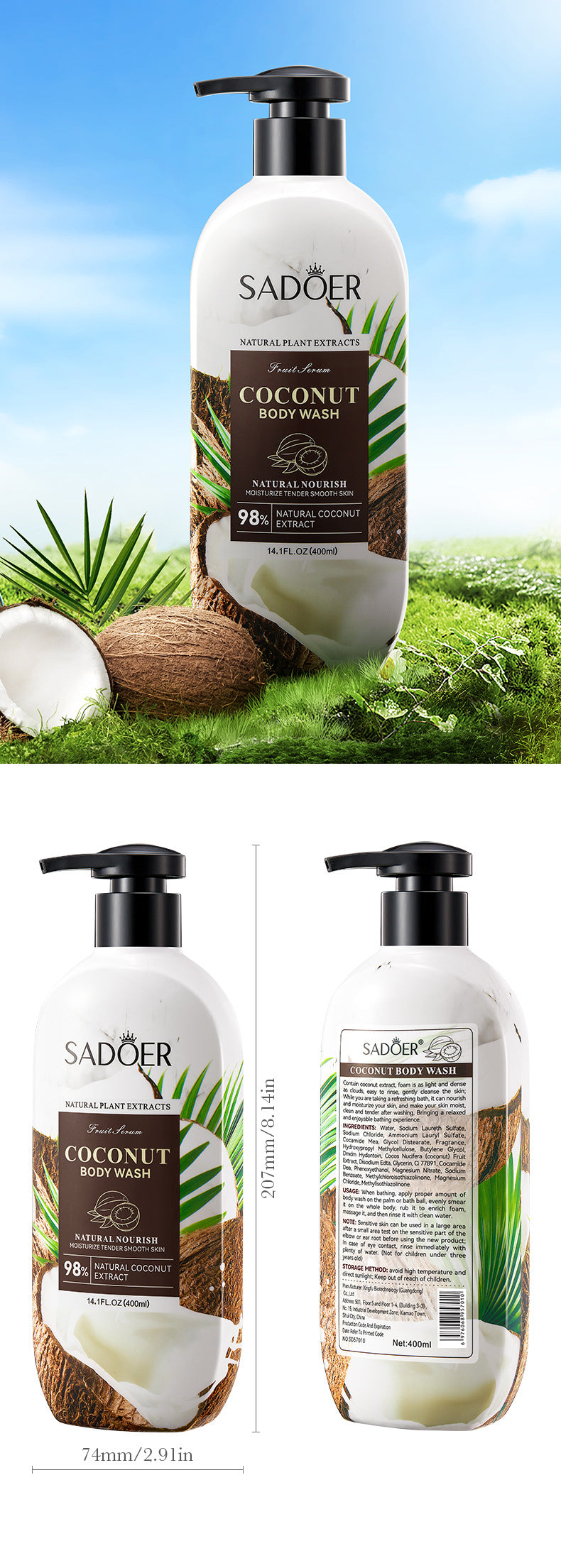 Full English Fruit Body Wash400ml SADOER Coconut Cleansing Avocado Shower Milk  Foreign Trade Wholesale