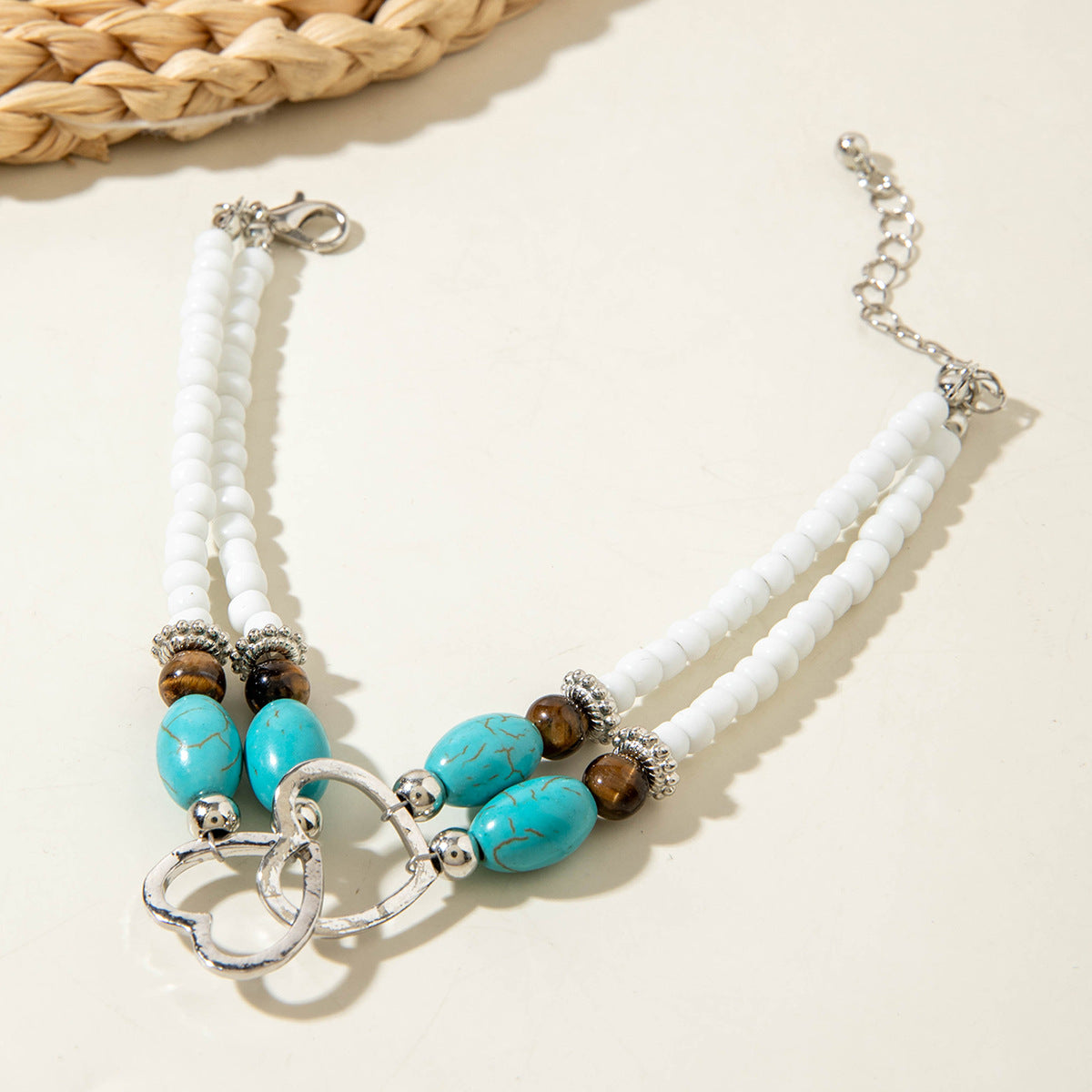 Wholesale Bohemian Vacation Style Rice Bead Turquoise Jewelry Set Metal Heart Jewelry