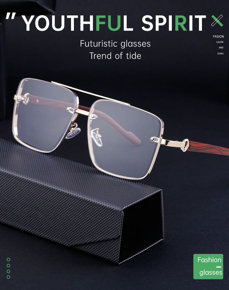 European and American Style Square Frame Cut Edge Sunglasses for Men with Imitation Wood Grain Temples, Men's Trendy Wholesale sunglass