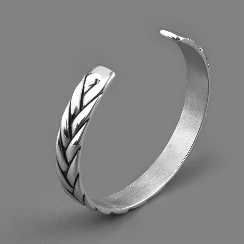 New Titanium Steel Men's Trendy Wheat Ear Bracelet Personality Simple Men's Retro Striped Stainless Steel Braided Bracelet