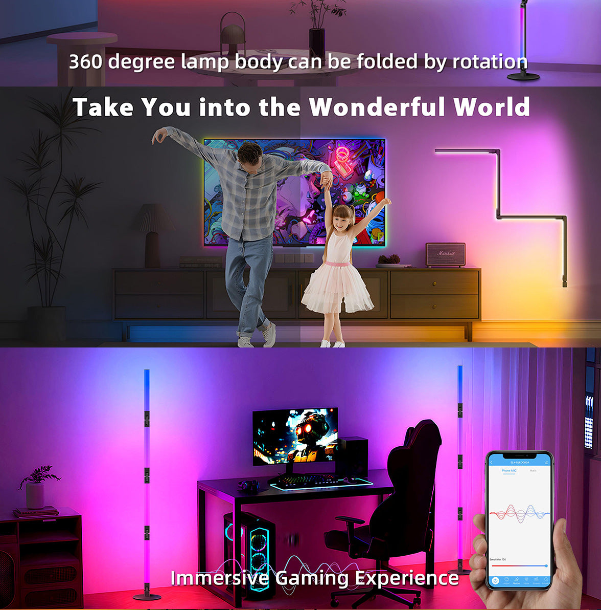 Bluetooth Floor Lamp led Floor Lamp RGBCW Atmosphere Light Symphony Floor Lamp Gaming Atmosphere Light Foldable Model