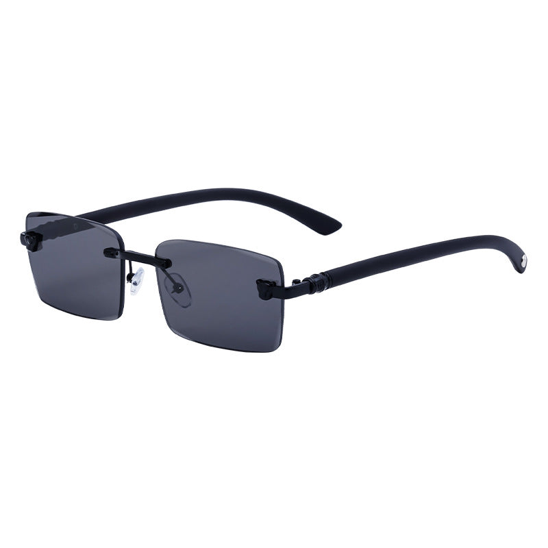 European and American Retro Frameless Sunglasses for Men with Imitation Wood Grain Temples, Men's Mountaineering Glasses shades