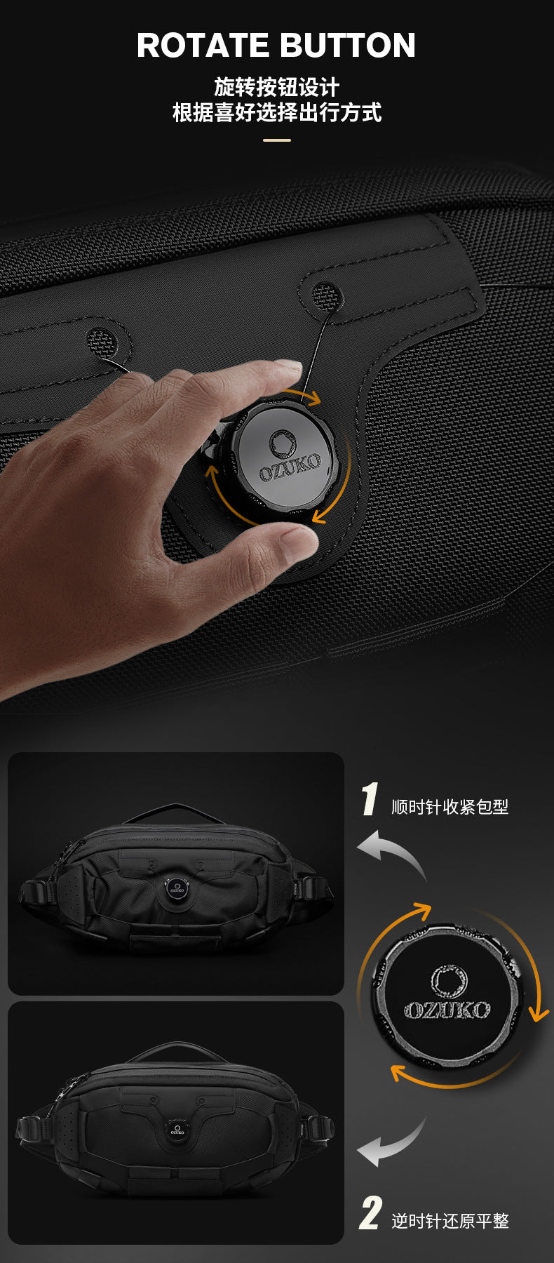 OZUKO Men's Chest Bag Crossbody Waist Bag Multifunctional Tactical Waterproof Portable Outdoor Cycling Trendy Brand High-end Bag