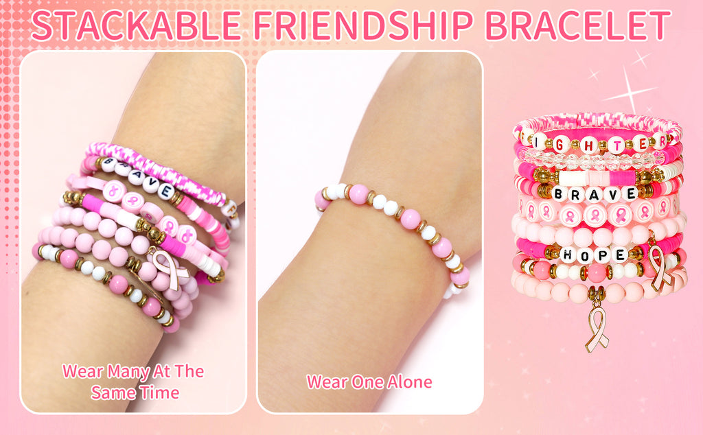 European and American Care Gift Bracelet Letter Soft Clay Acrylic Bracelet for Friends Friendship Women Pink Ribbon Bracelet