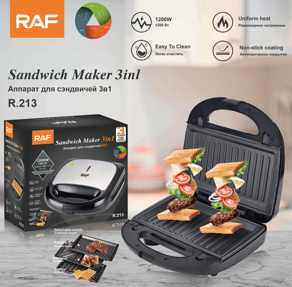 European Standard 3-in-1 Household Sandwich Maker Toaster Stainless Steel Multifunctional Breakfast Sandwich Maker