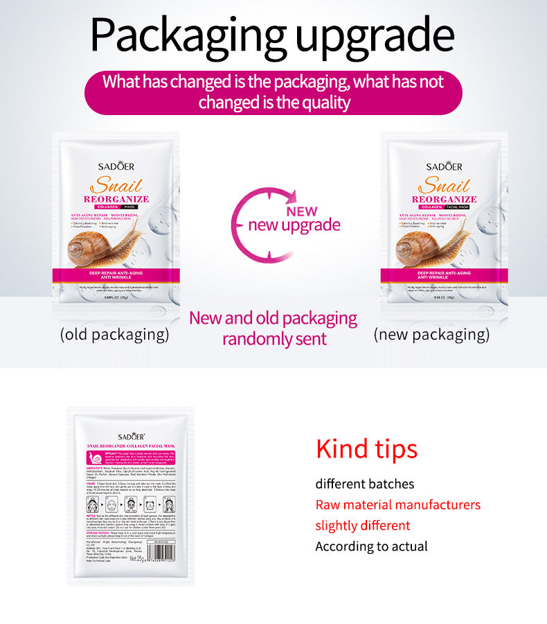 Full English Snail Face Mask25g SADOER Collagen Hydrating Moisturizing Tablets  Wholesale