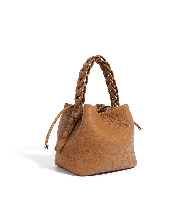 European Style New Top Layer Cowhide Bucket Bag High-Quality Genuine Leather Fashion Women's Handbag Tote Shoulder Crossbody Bag Woven