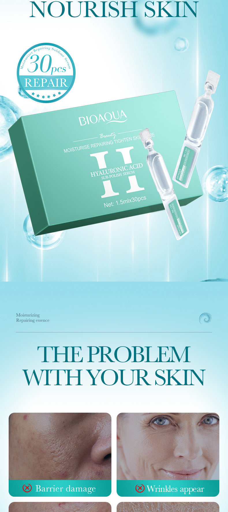 Hyaluronic Acid Moisturizing Ampoule Serum BIOAOUA Hydrating and Moisturizing Essence Liquid Cross-Border Wholesale