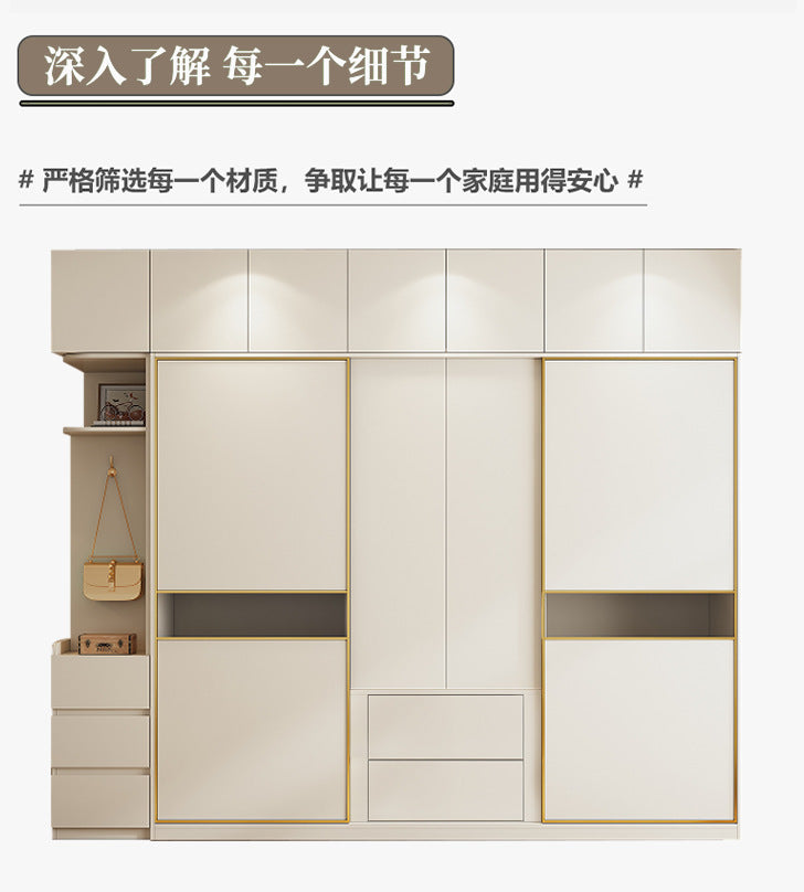 Cream Style Solid Wood Sliding Door Wardrobe for Home Bedroom with Hanging Area, Multiple Storage Cabinets, and Segmented Large Wardrobe