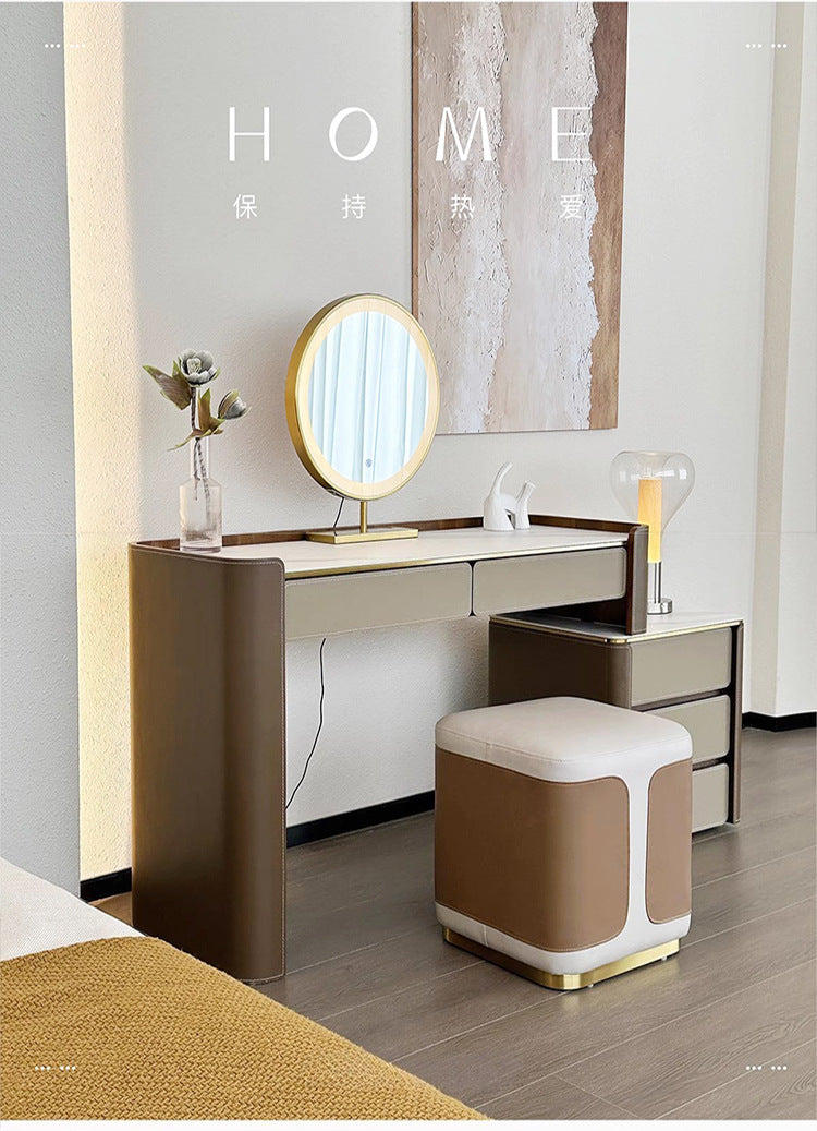 Italian Minimalist Saddle Leather Solid Wood Dressing Table Small Apartment Rock Board Makeup Table Chest of Drawers Integrated Bedroom Makeup Table