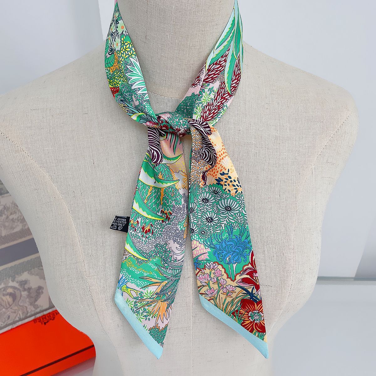 European and American Korean Version Plant Jungle Horse Women's Twill Ribbon Long Strip Ribbon Bag Tie Ribbon Hairband Small Scarf Scarf