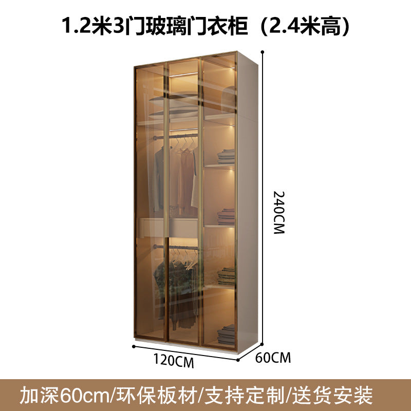 Glass Door Wardrobe with Lights, Solid Wood, Home Bedroom, Modern Simple European Pine Board, Cream Color, Skin Feel Storage, Large Wardrobe